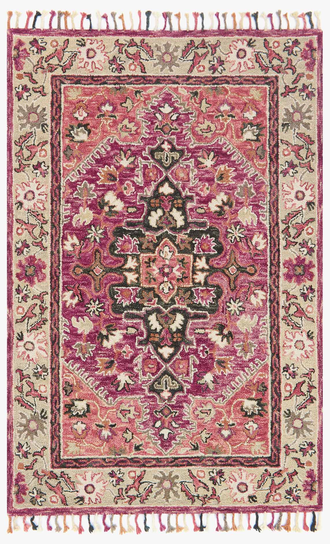 Transitional hooked rug, raspberry & taupe floral medallion, bordered pattern, fringed edges.