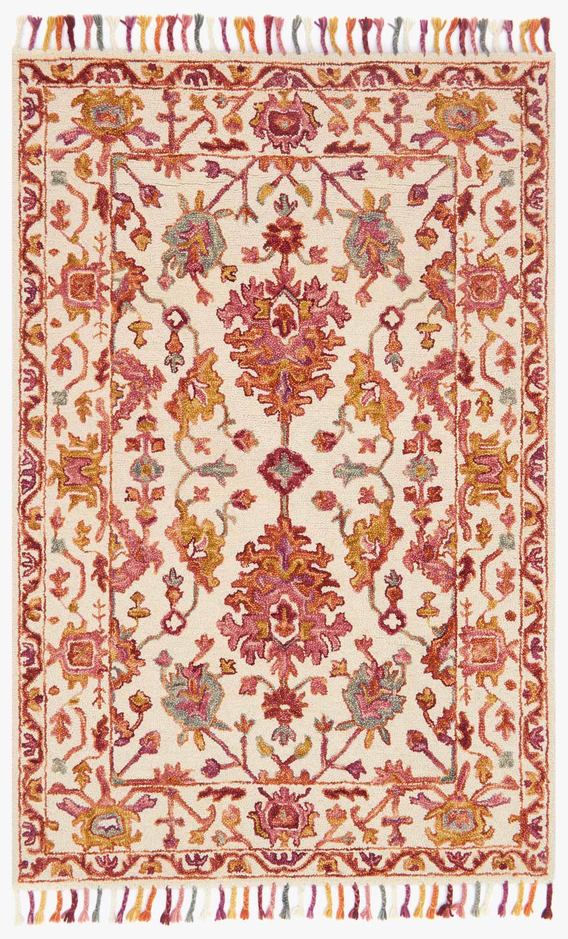 Berry hooked rug with ornate floral pattern, off-white base, multicolor accents, fringed border