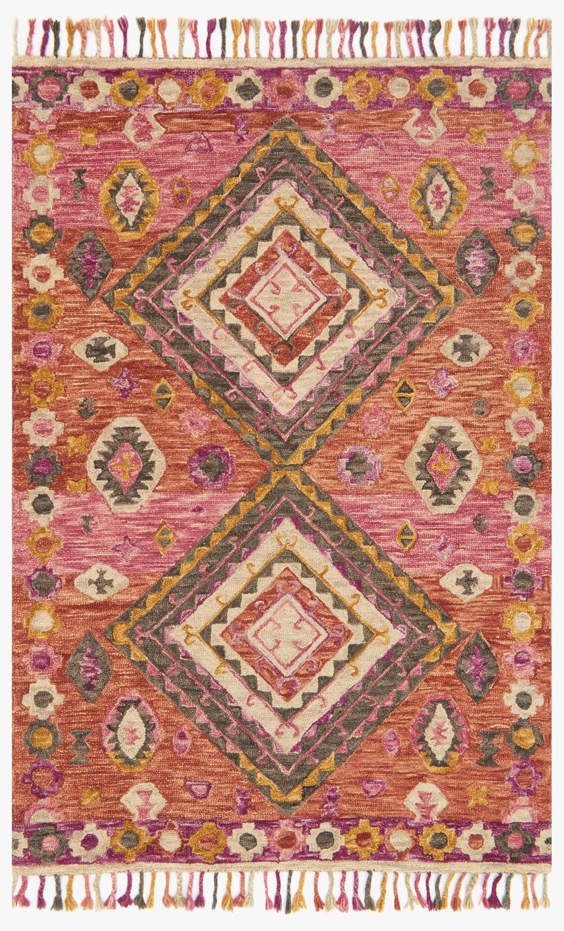 Transitional hooked rug: multicolor geometric diamonds on pink-orange with fringed border
