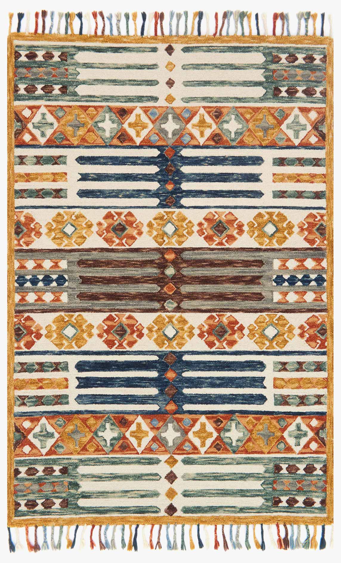 Geometric hooked rug with multicolor stripes, diamond motifs, and short fringe border