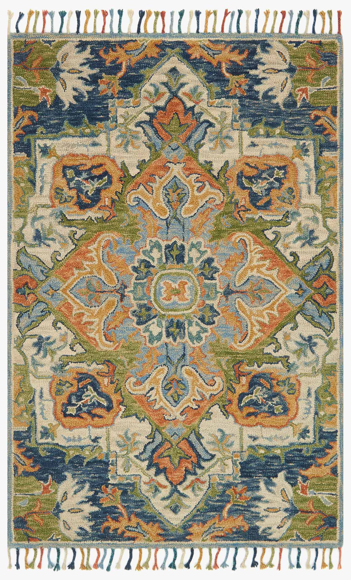 Blue transitional hooked rug with multicolor medallion pattern and fringed border