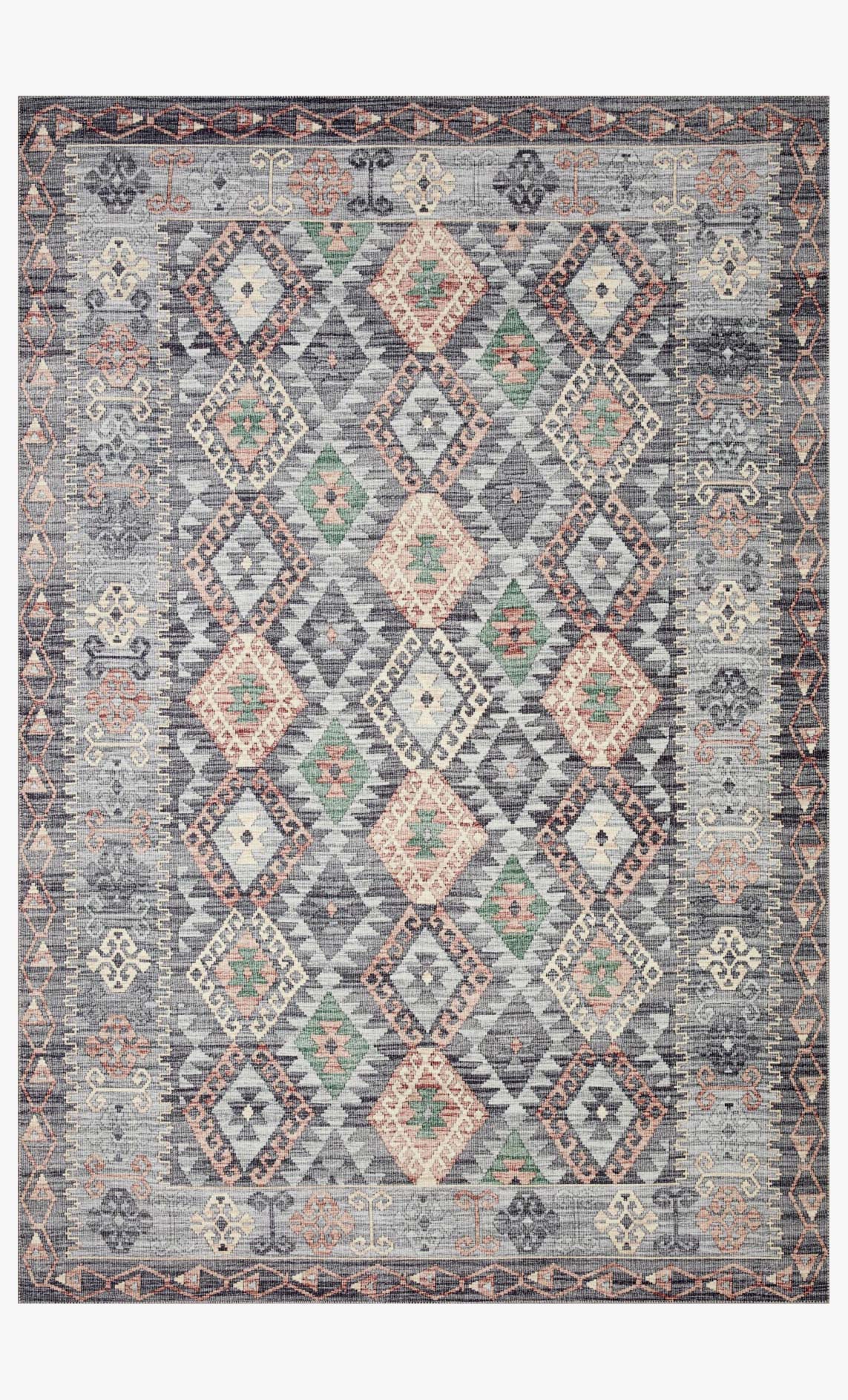 Grey traditional power-loomed rug with diamond medallion pattern and multicolor border
