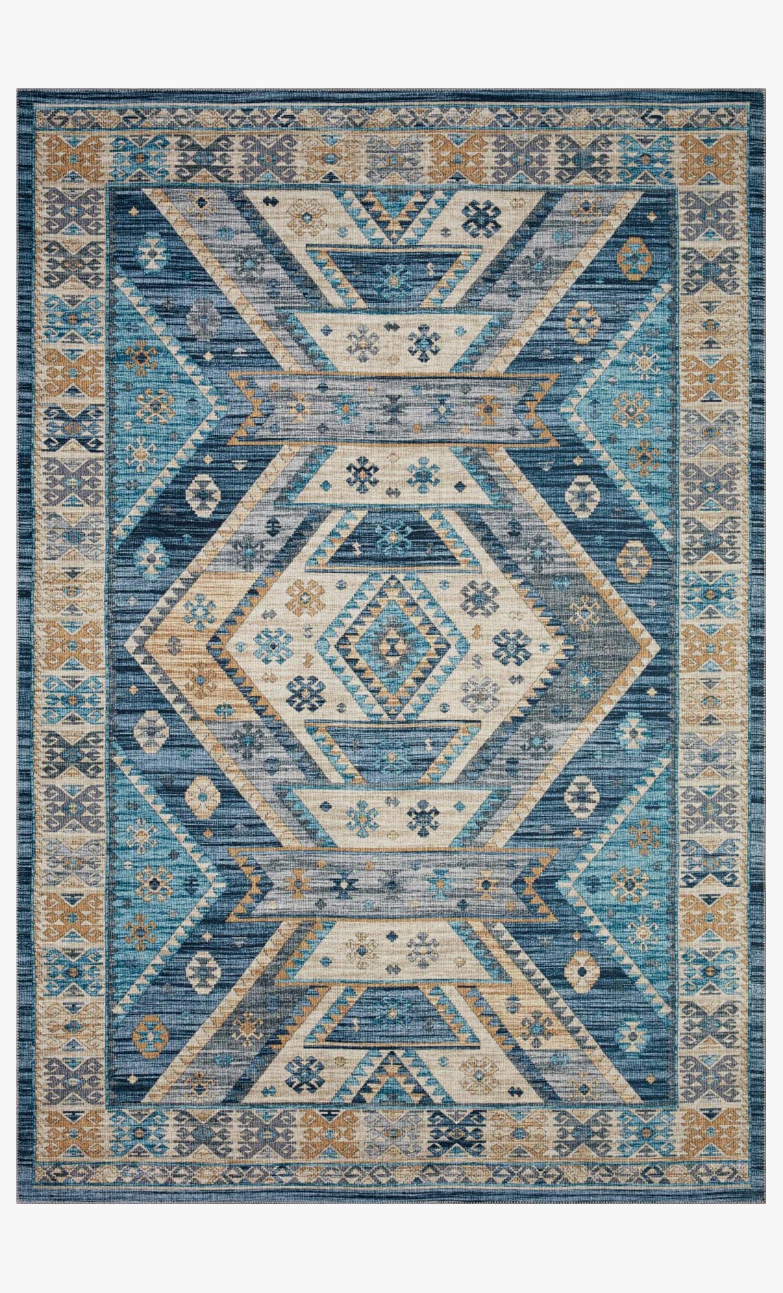 Traditional geometric area rug with blue, gold, and cream medallion patterns and border