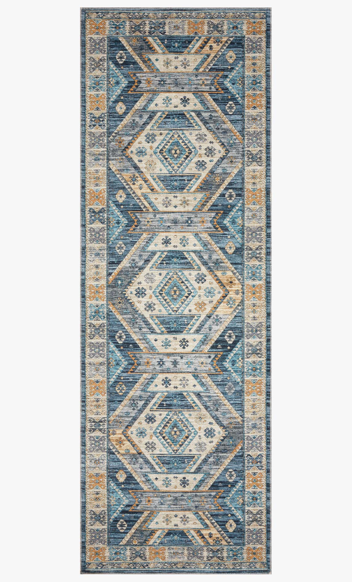 Vertical view of traditional geometric rug with blue, gold, and cream panel stripes