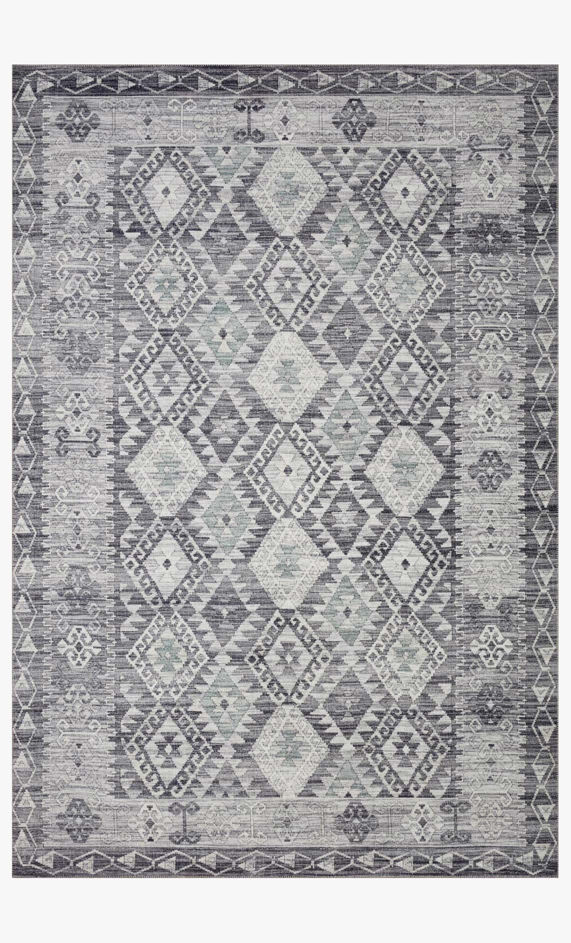 Traditional power-loomed rug with charcoal and slate geometric diamond pattern border