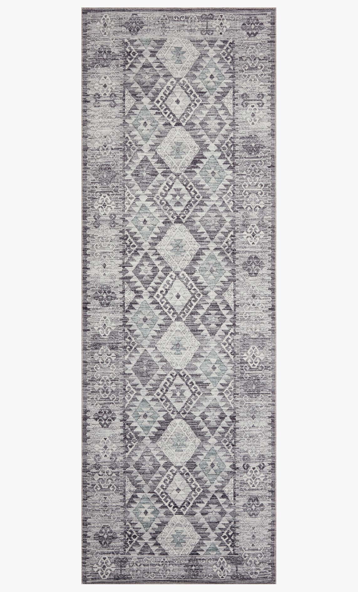 Rectangular charcoal and slate traditional rug with stacked geometric diamond patterns