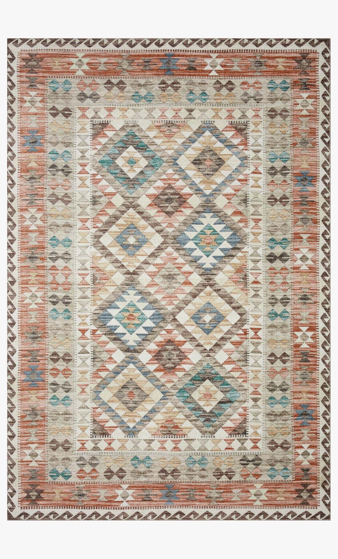 Traditional power-loomed rug with ivory base and geometric diamond pattern, multicolor border.