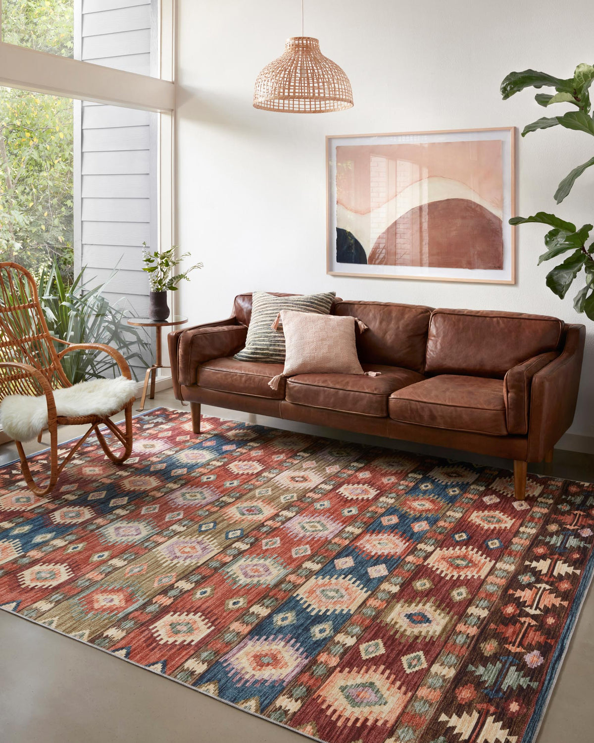 Multicolor geometric rug with diamond motifs and striped bands, traditional weave