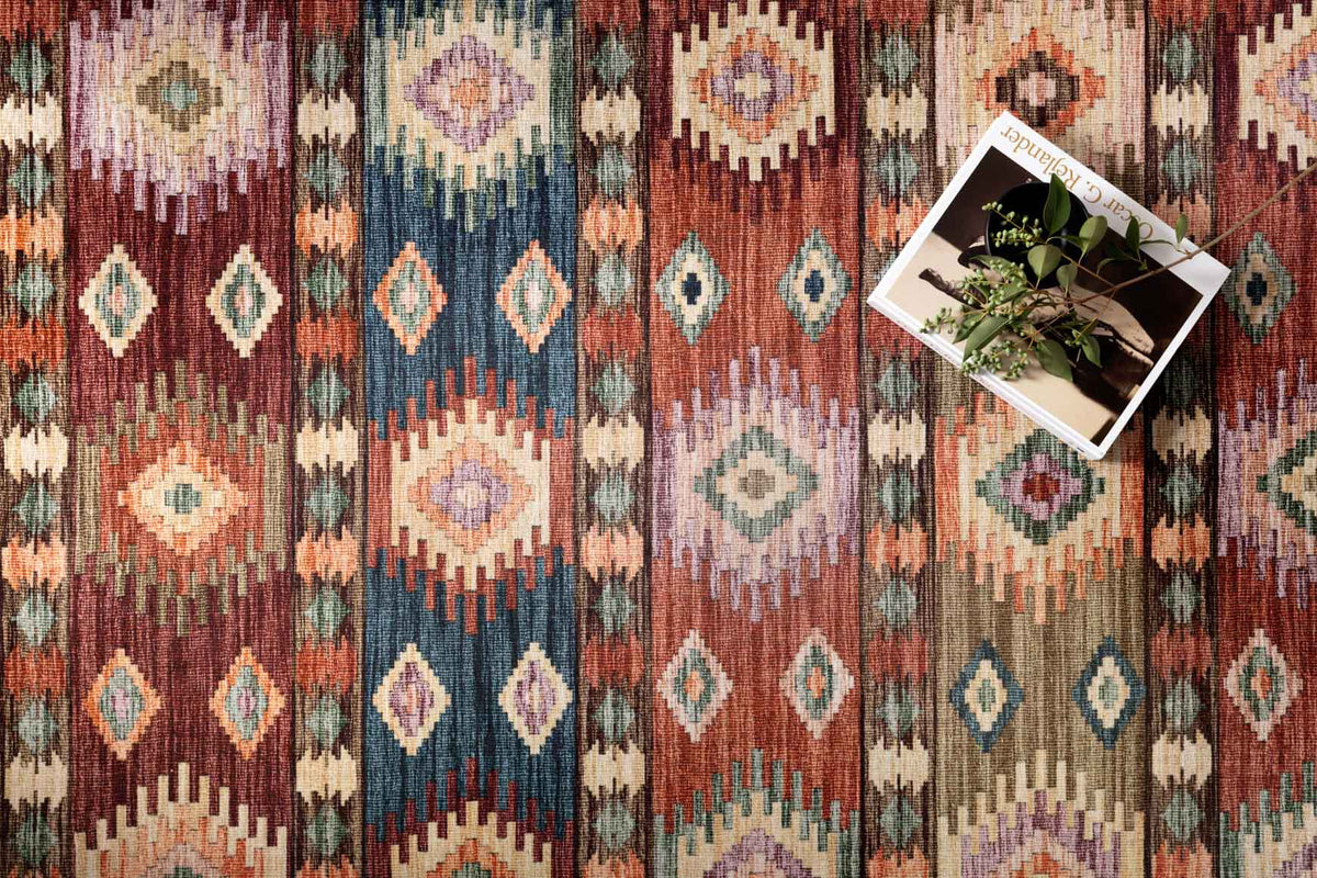 Traditional rug with vertical multicolor geometric motifs and circular medallion designs
