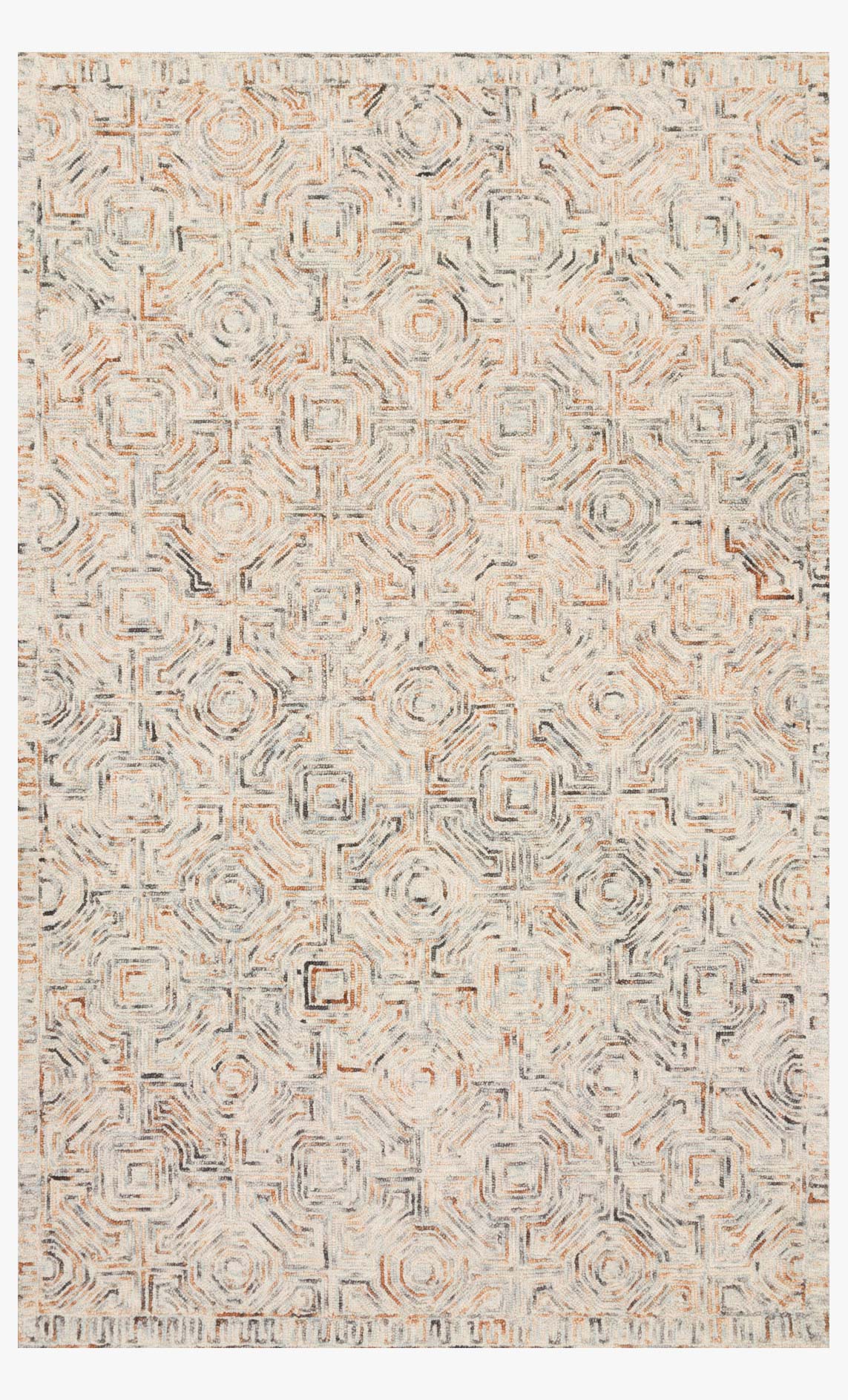 Hand-tufted area rug with geometric maze pattern, cream and orange on multi base