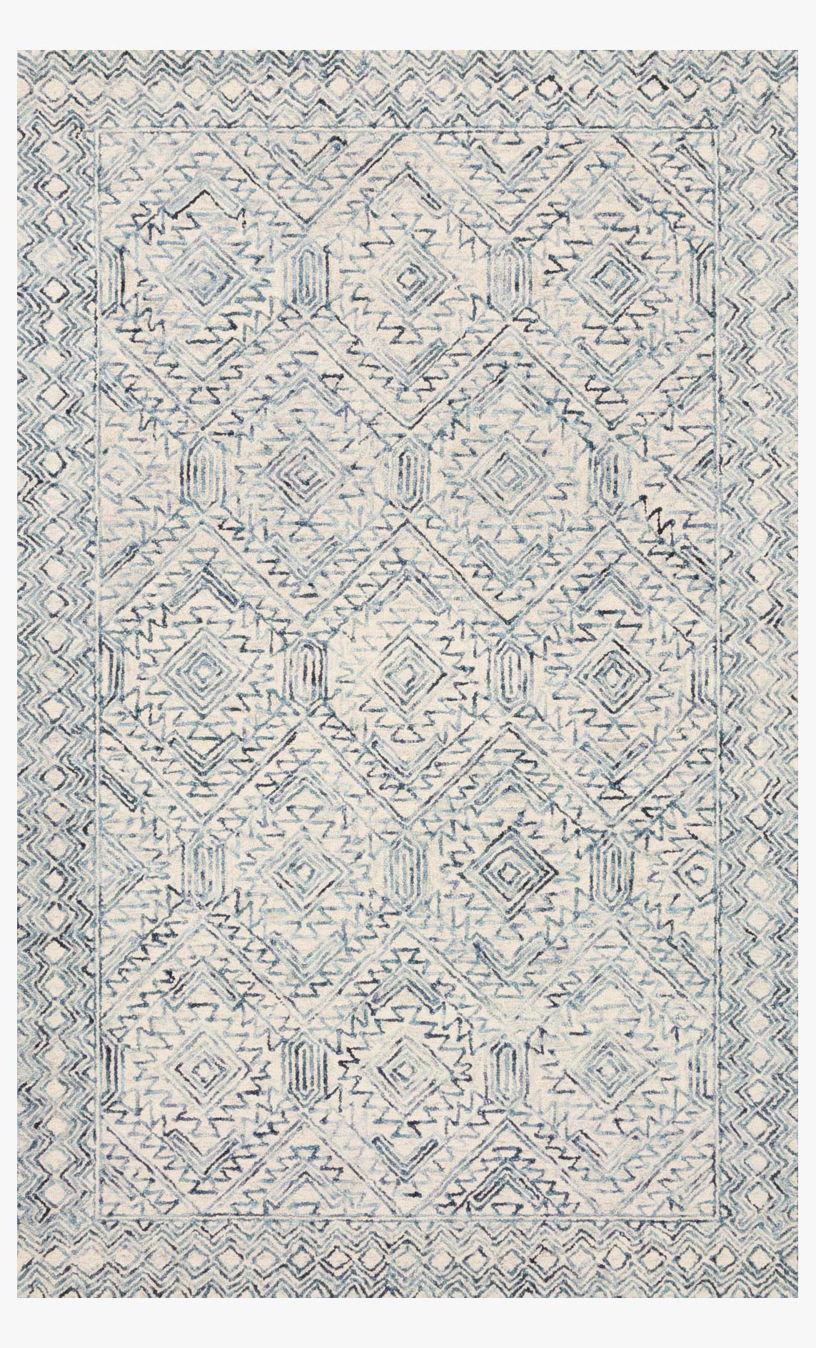 Contemporary hand-tufted rug with geometric diamond pattern in bluestone and ivory