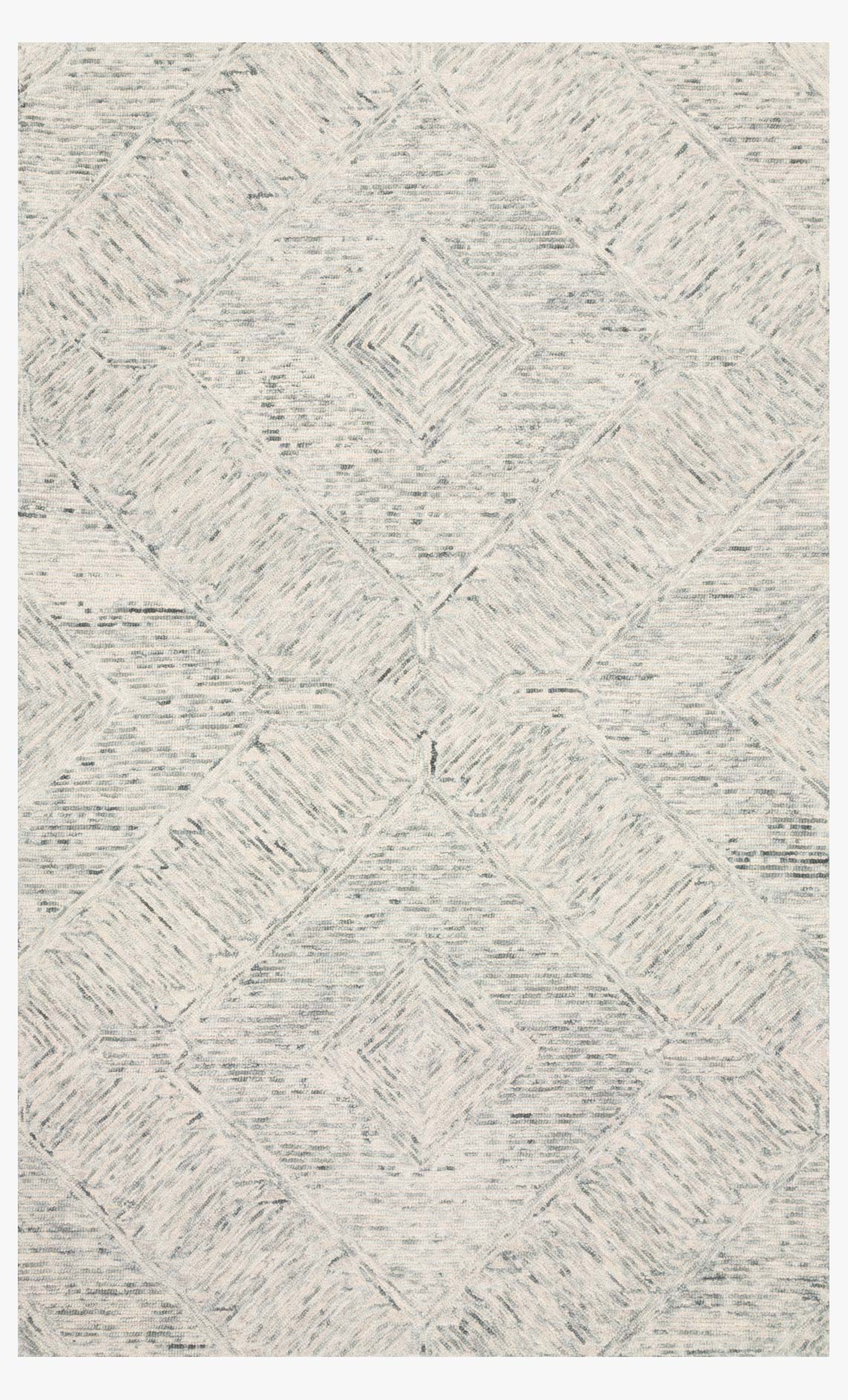 Sky-blue hand-tufted rug with light distressed geometric pattern and textured surface