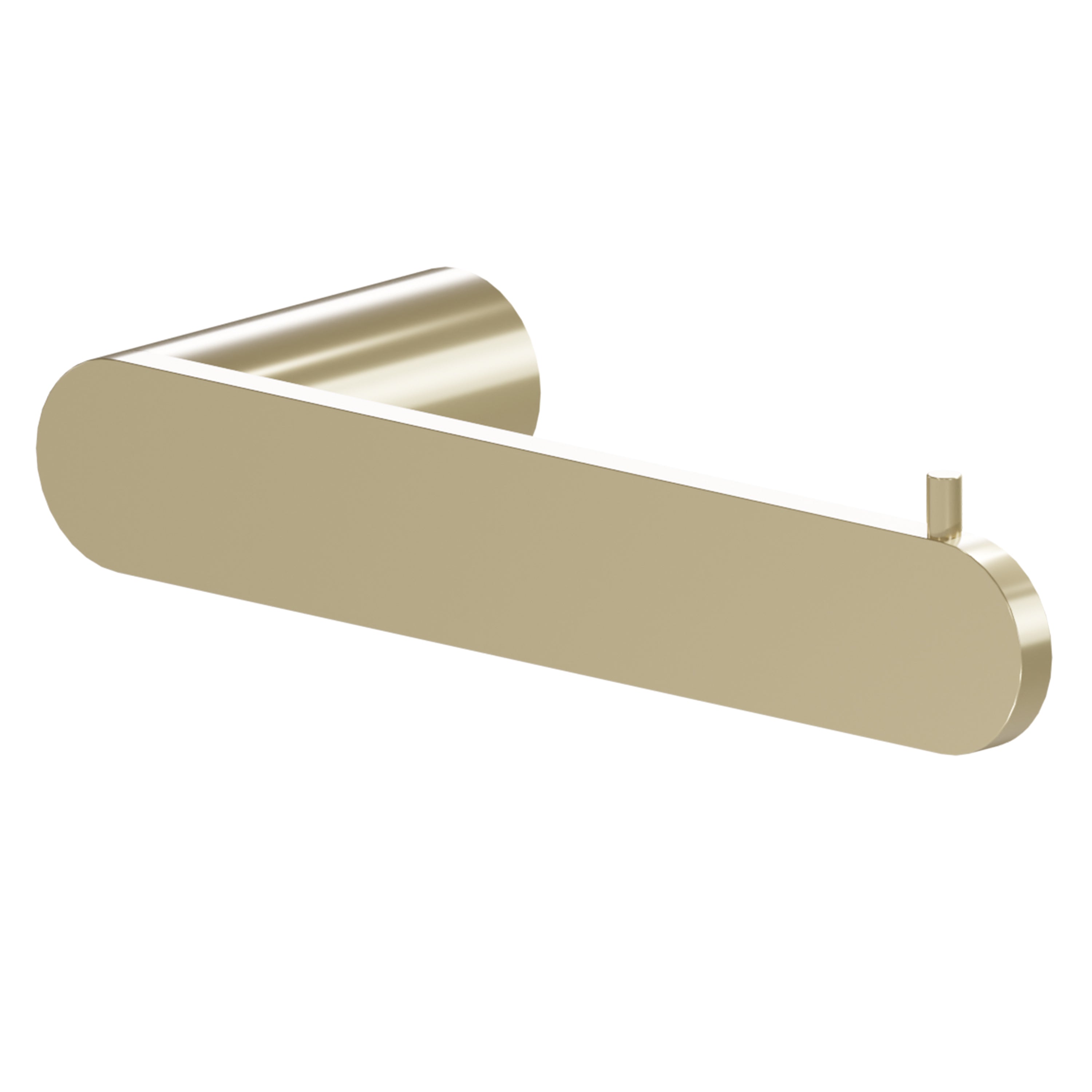 Champagne bronze toilet paper holder with curved mounting base and central rod.