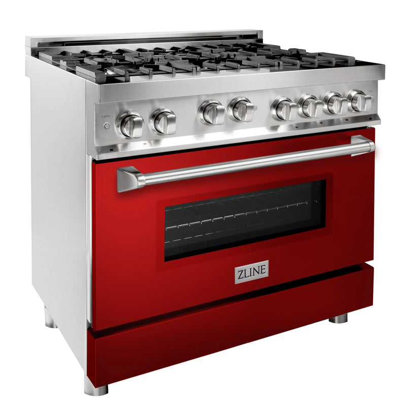 ZLINE 2-Piece Appliance Package - 36-inch Gas Range with Red Gloss Door and Convertible Vent Range Hood in Stainless Steel (2KP-RGRGRH36)