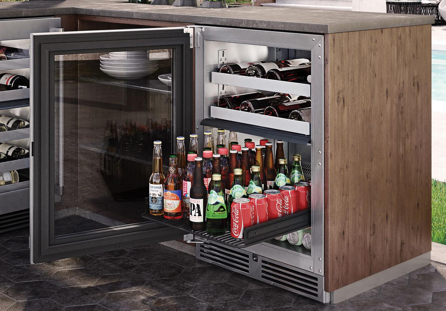 Perlick outdoor beverage center with open glass door and wine bottle shelves in stainless frame