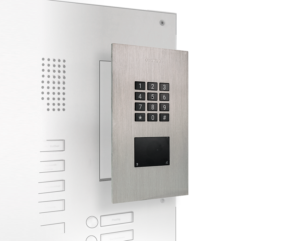DoorBird A1121 retrofit IP access control device with keypad and touchscreen, wall-mounted