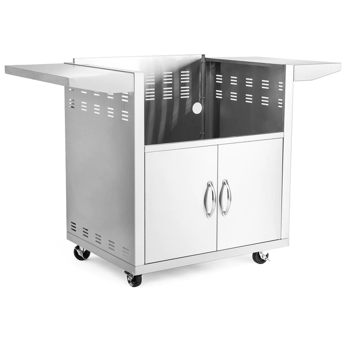 Stainless steel griddle cart with two front doors, side shelves, and casters