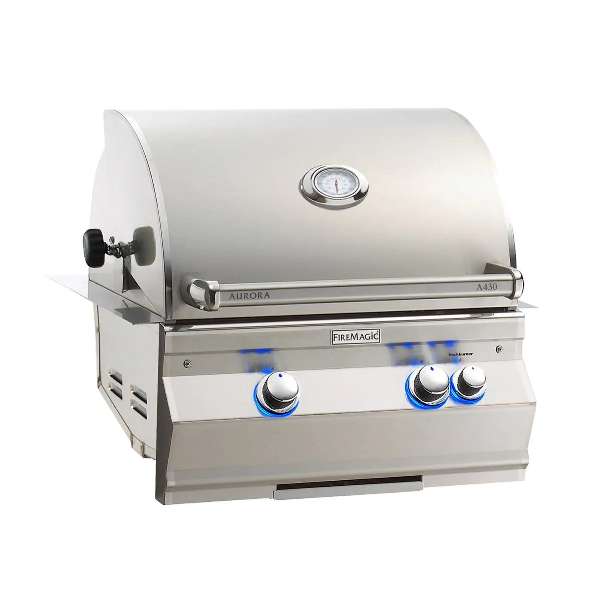 Stainless propane built-in grill with analog thermometer and control knobs, lid closed.