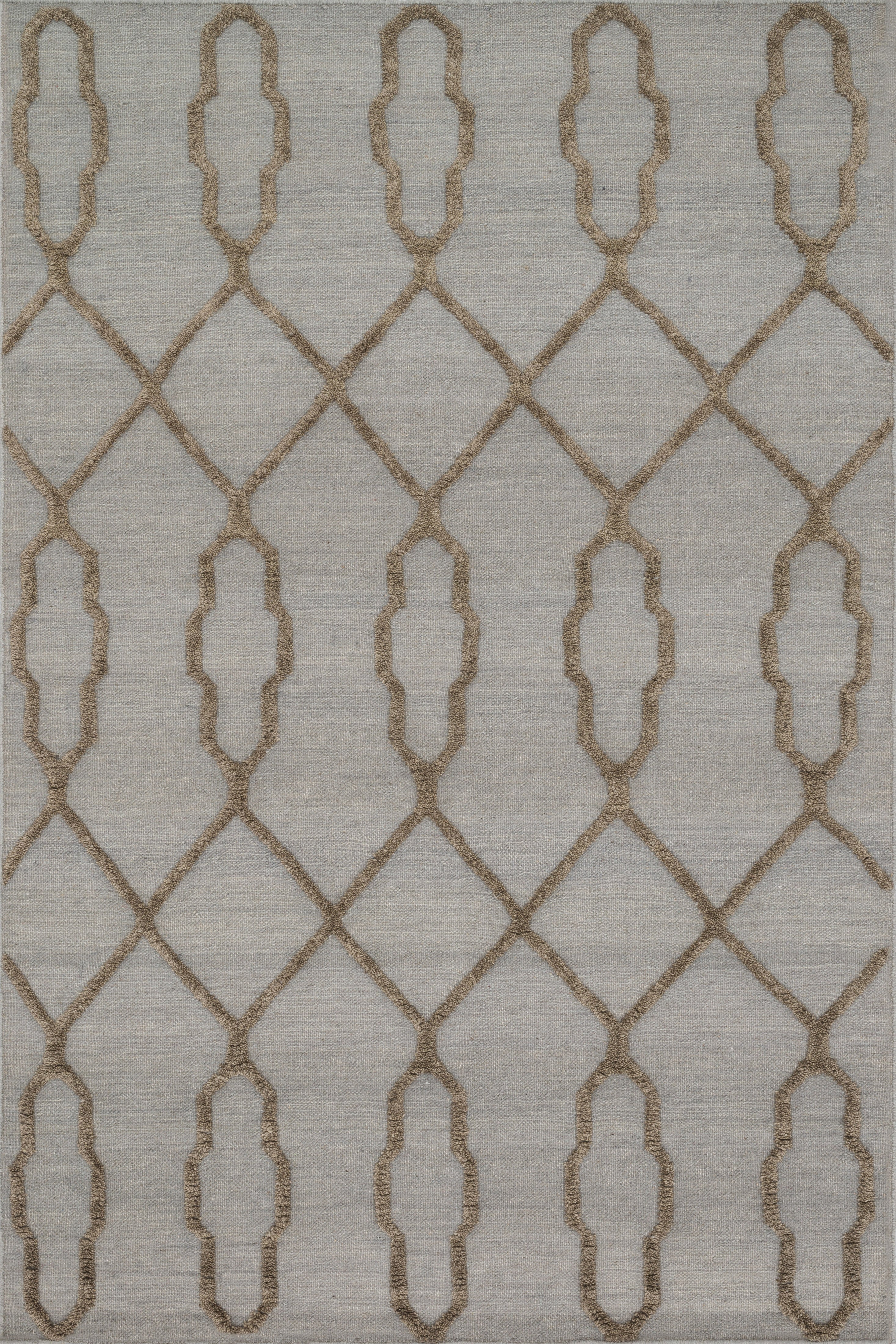Hand-woven transitional rug with gray field and repeating tan diamond lattice pattern