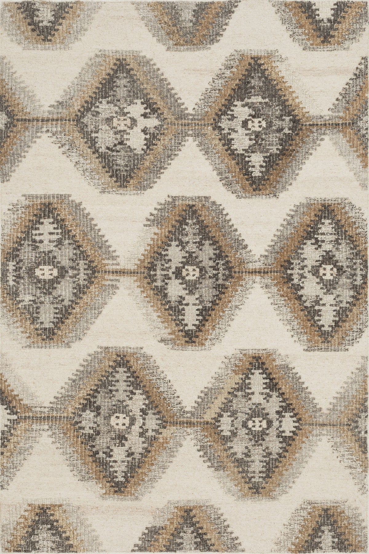 Close-up of ivory and gray geometric diamond pattern on a hand-woven rug