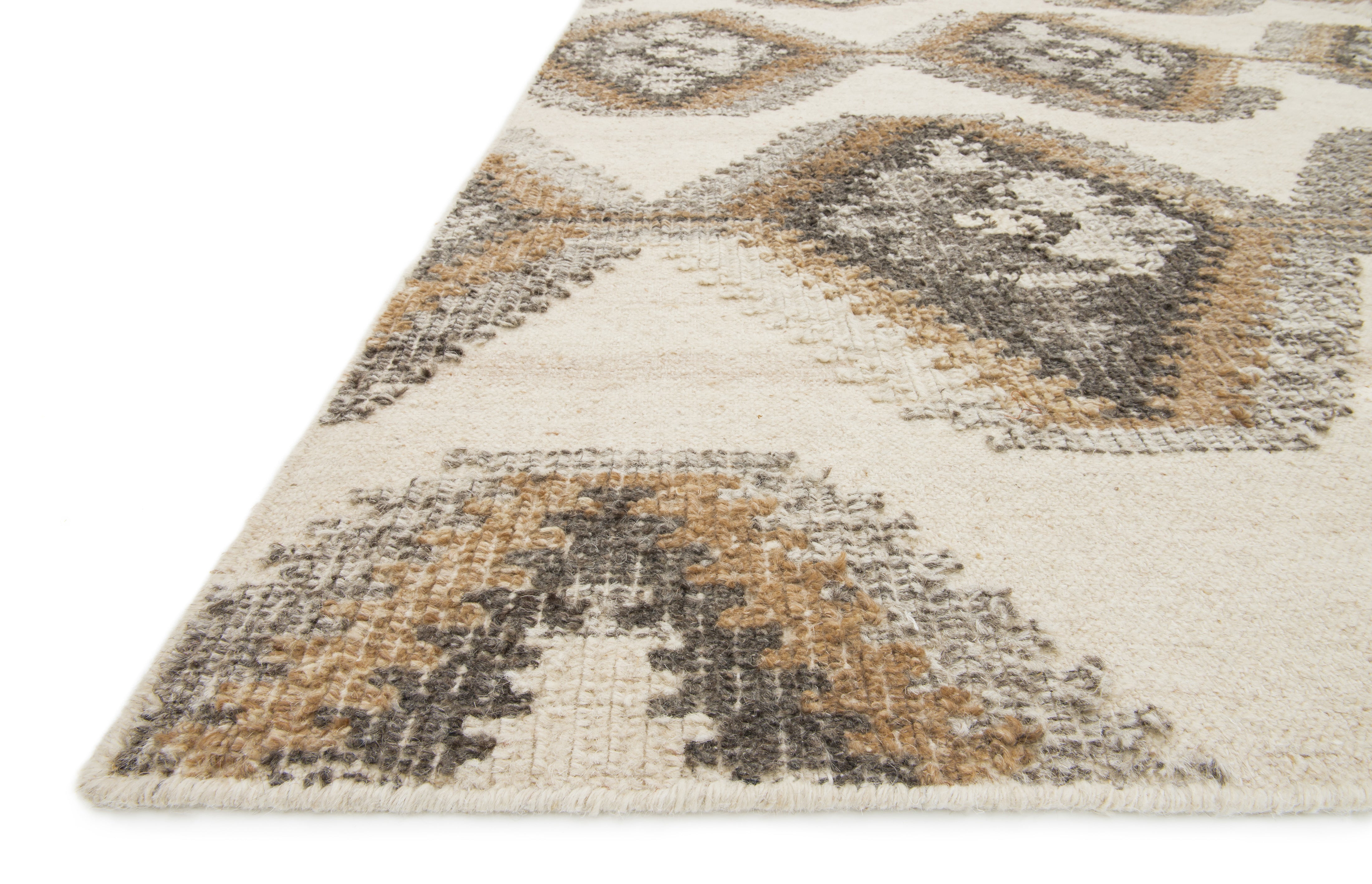 Corner view of ivory and gray transitional hand-woven rug with diamond medallions