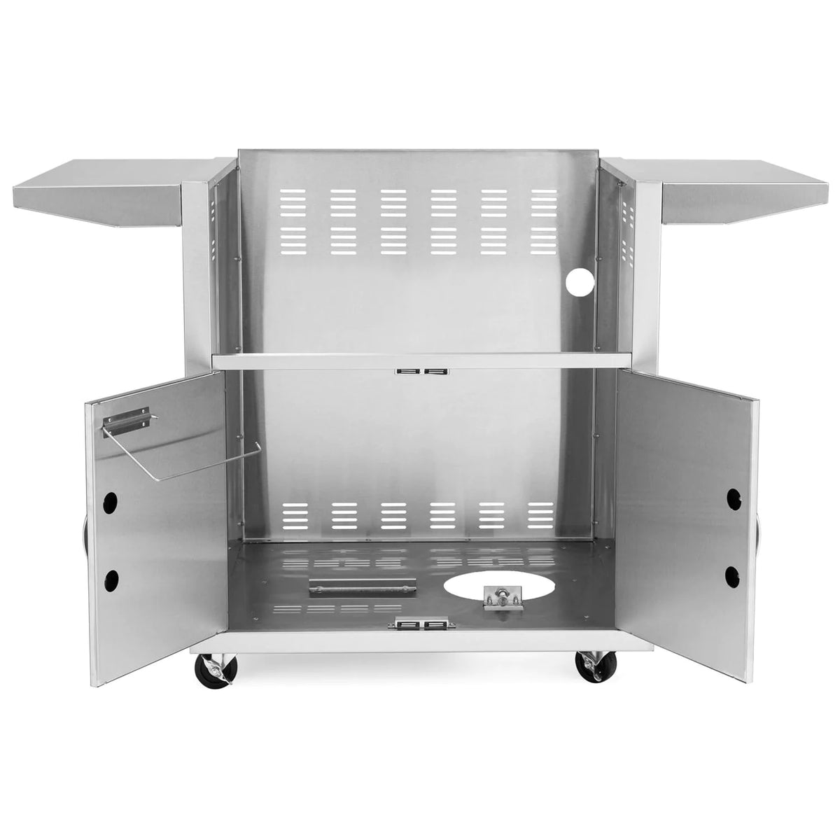 Stainless steel griddle cart with side panels open, interior burner area, and casters