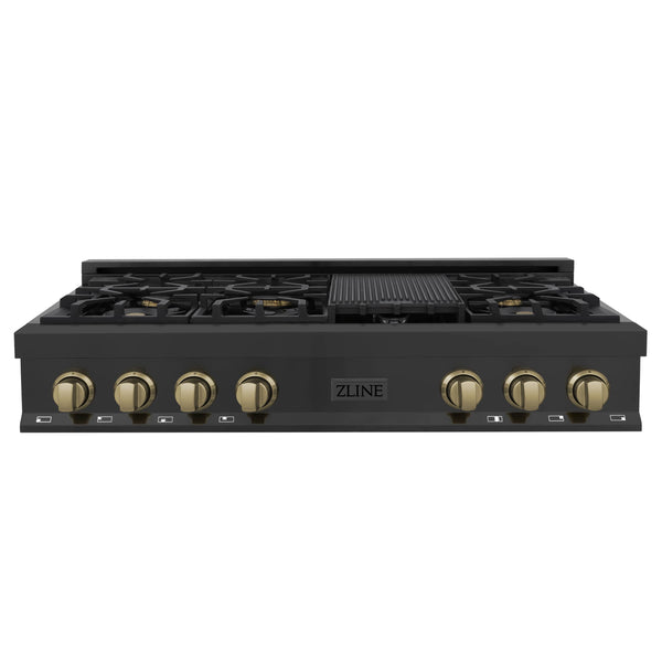 ZLINE Autograph Edition 48-Inch Porcelain Rangetop with 7 Gas Burners in Black Stainless Steel and Champagne Bronze Accents (RTBZ-48-CB)