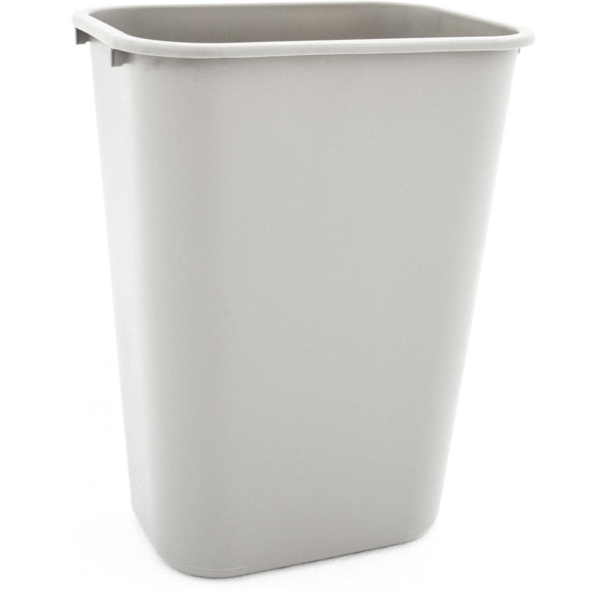 White plastic trash bin with molded rim and smooth sides