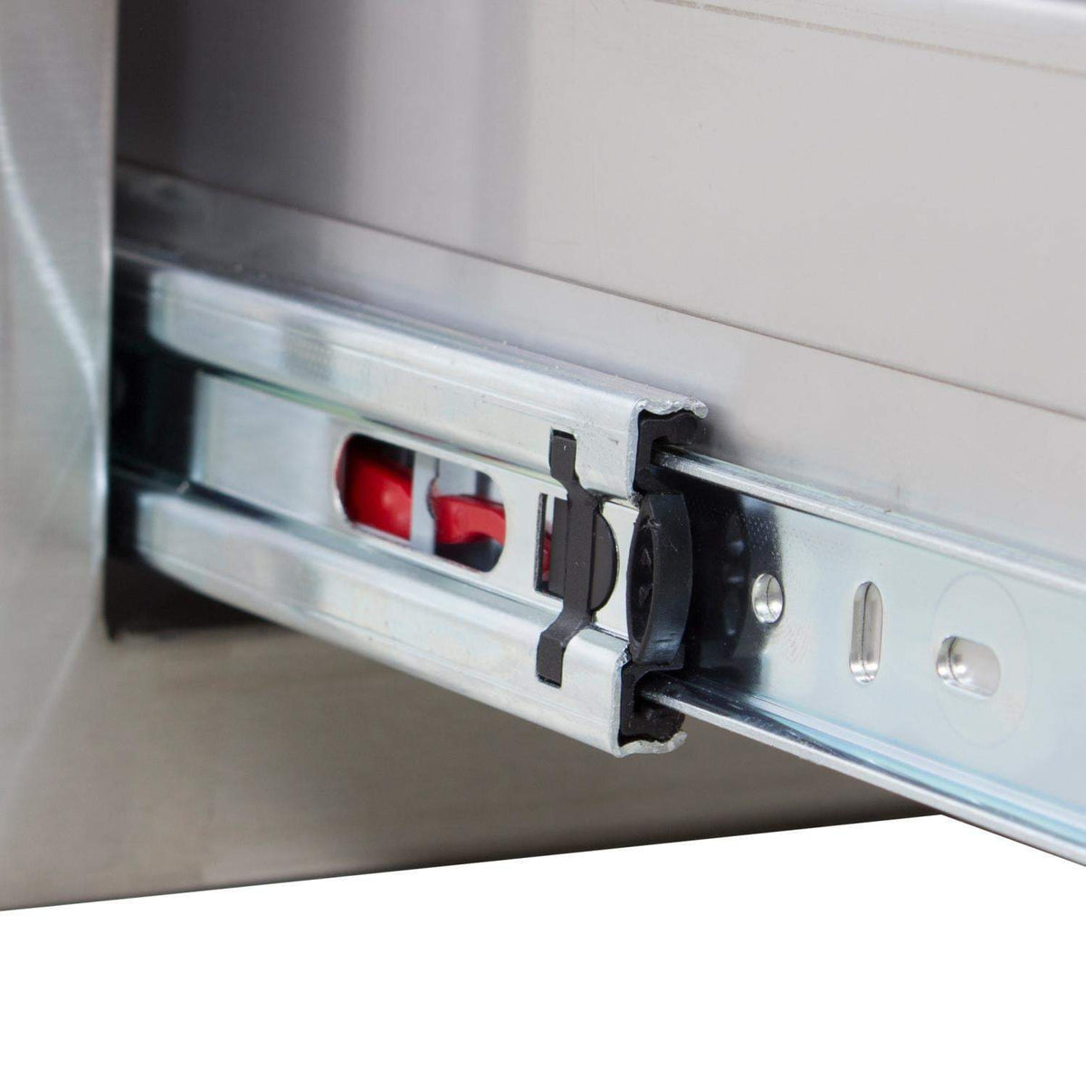 Stainless steel bin hardware close-up with locking latch and mounting plates