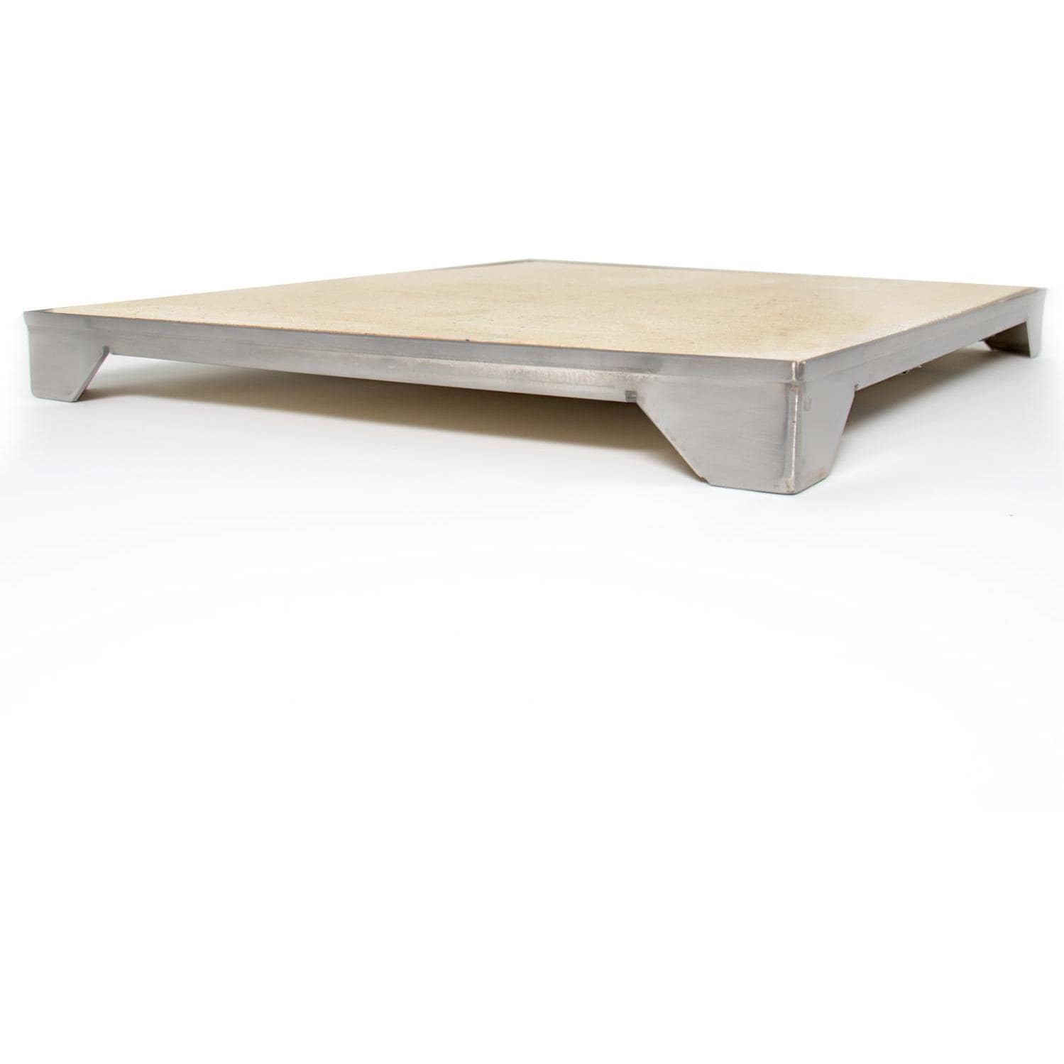 14-inch ceramic pizza stone with stainless steel tray, light beige stone on metal base