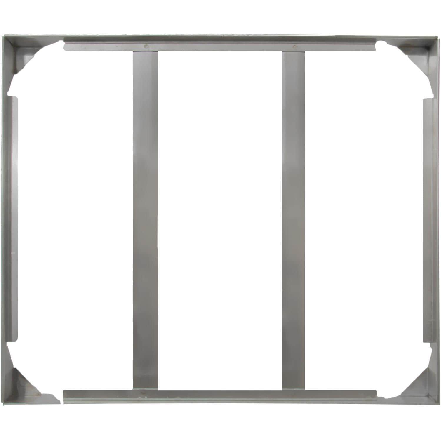 Stainless steel tray frame holding a rectangular ceramic pizza stone, top view