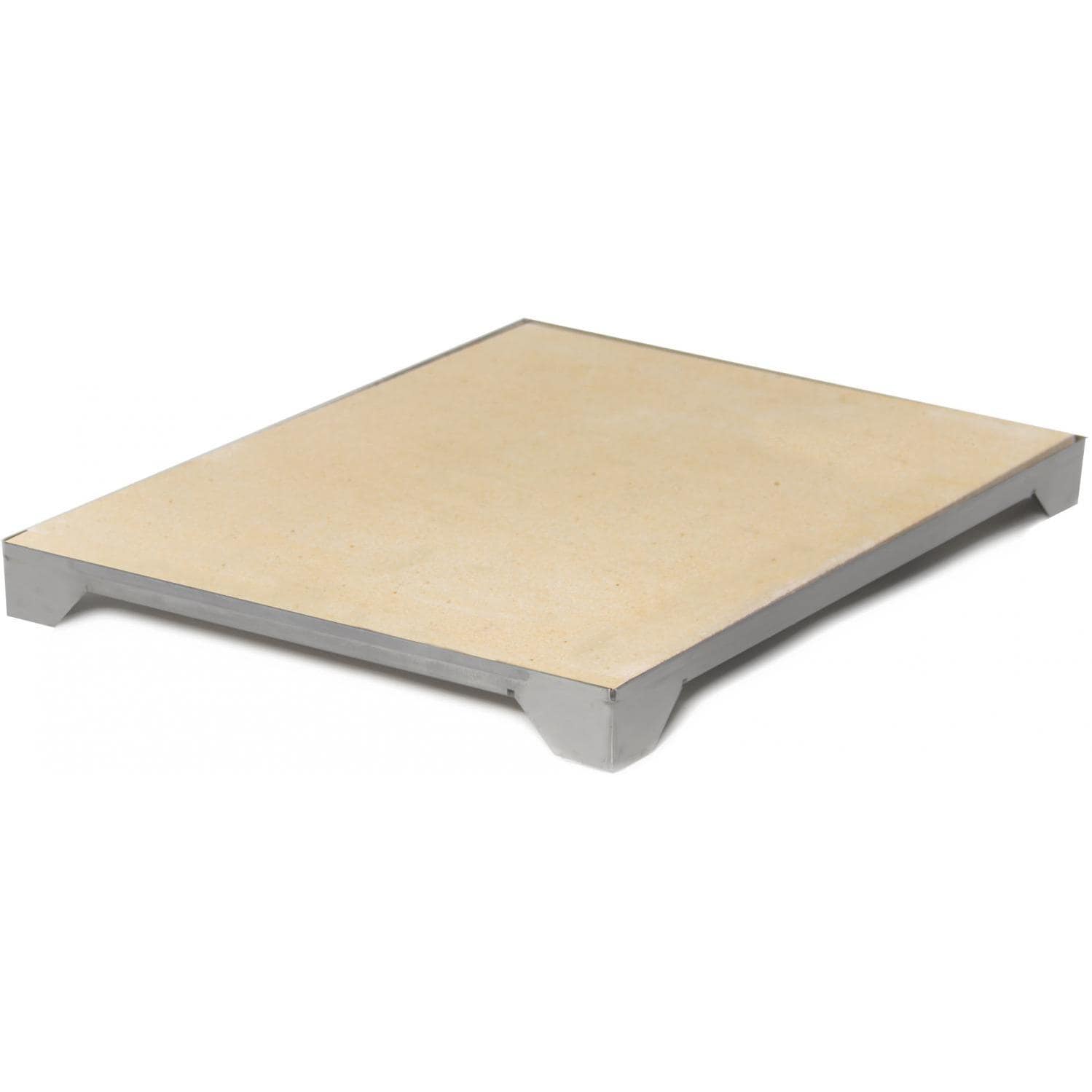 Ceramic pizza stone with stainless steel tray, beige stone on gray metal supports