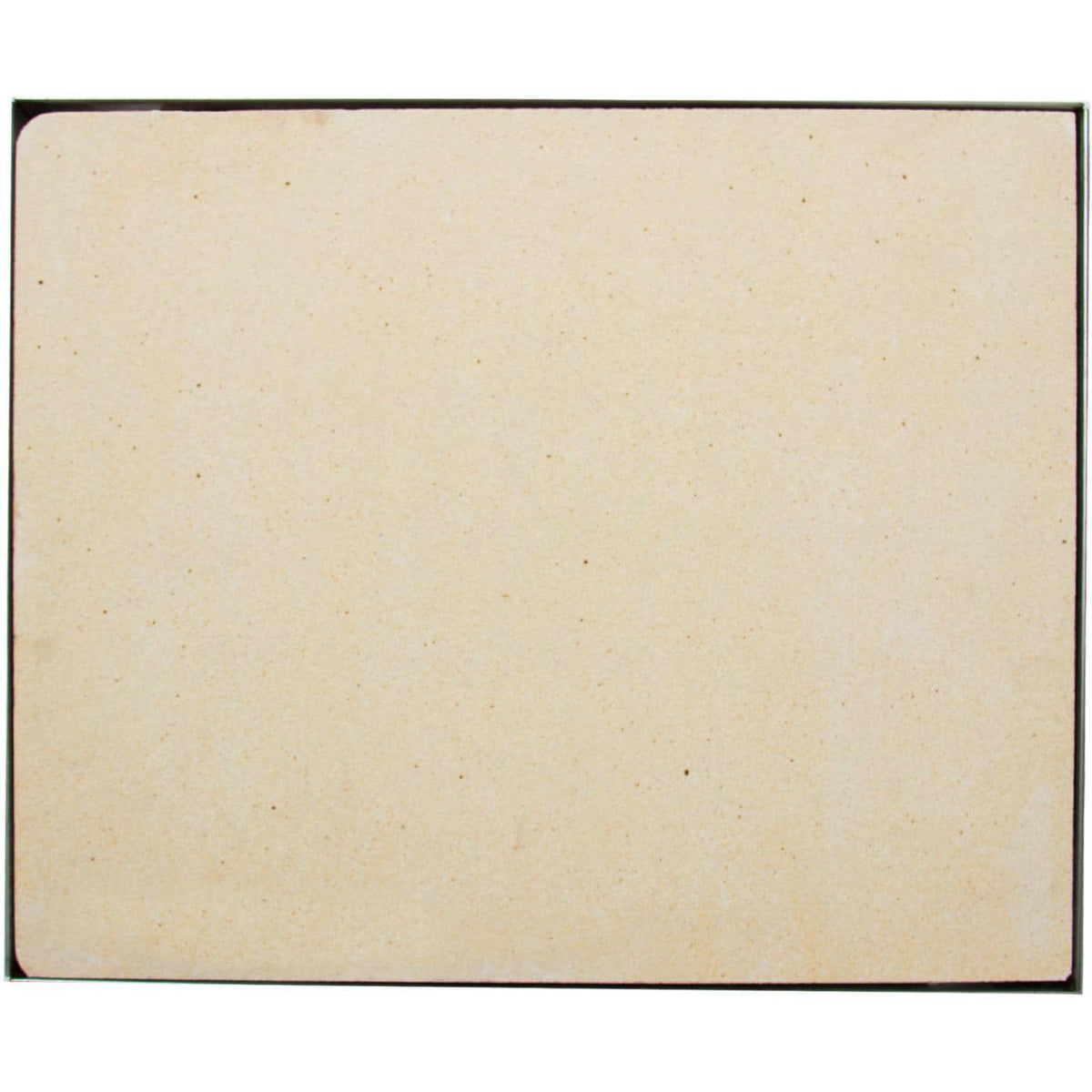 Rectangular beige speckled ceramic pizza stone with metal edge border