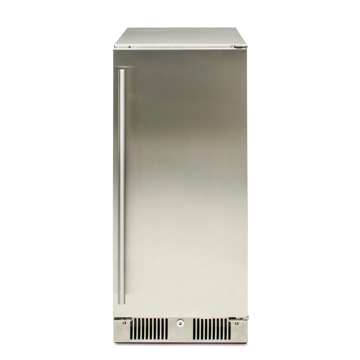 Stainless steel compact refrigerator beverage center with recessed handle and vented base grill