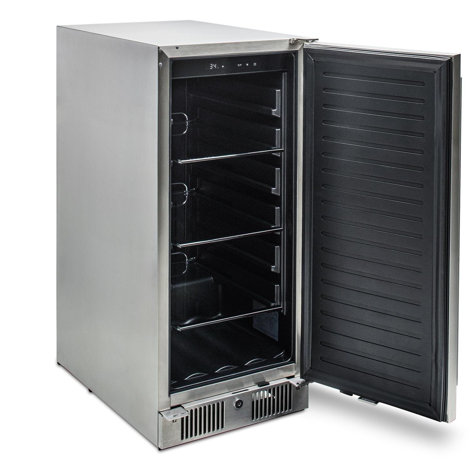 Outdoor compact refrigerator beverage center with open door and adjustable glass shelving