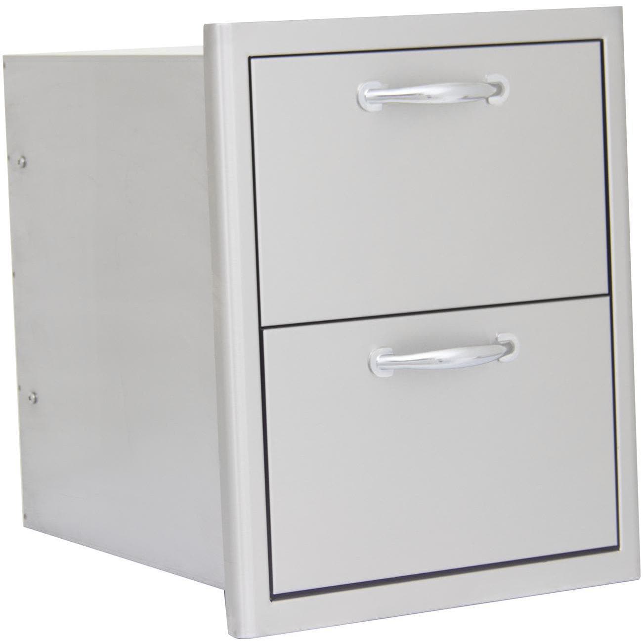 Stainless steel double drawer cabinet with two front panels and chrome pull handles