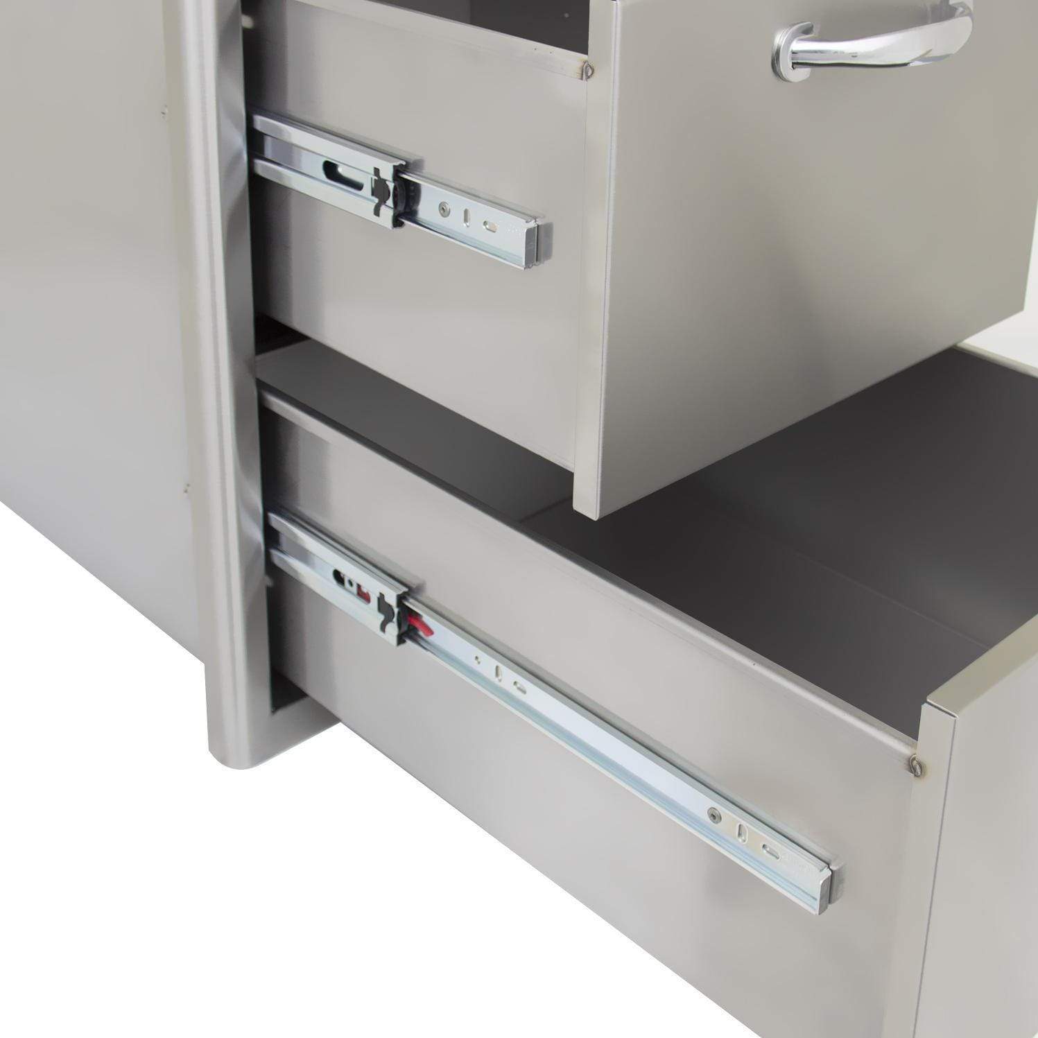 Triple access drawer with metal slide rails and three front handle pulls