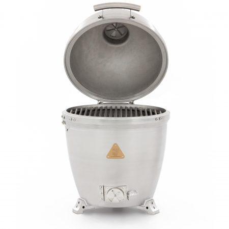 Cast aluminum kamado grill with open lid showing dark interior and top vent