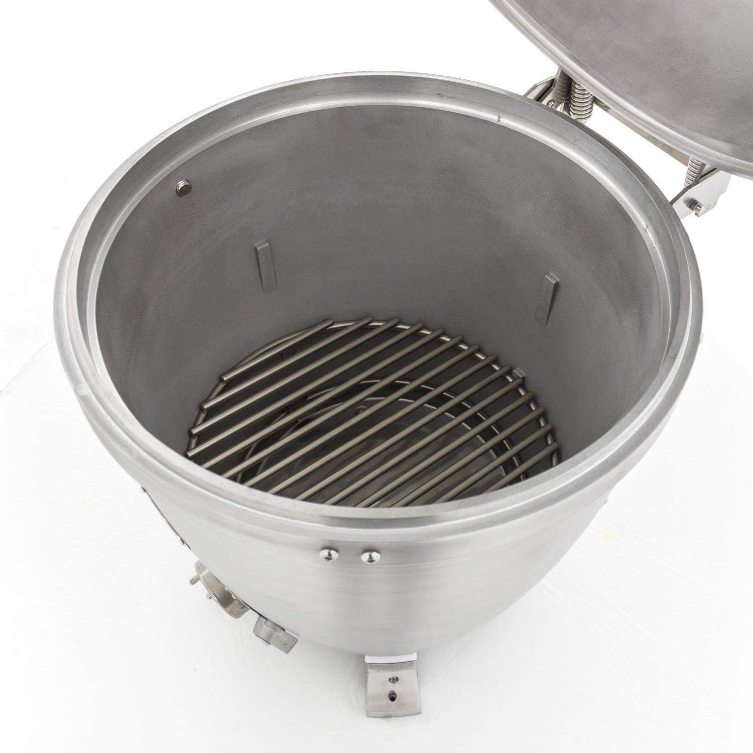 20-inch cast aluminum kamado grill with lid open and black cooking grate inside
