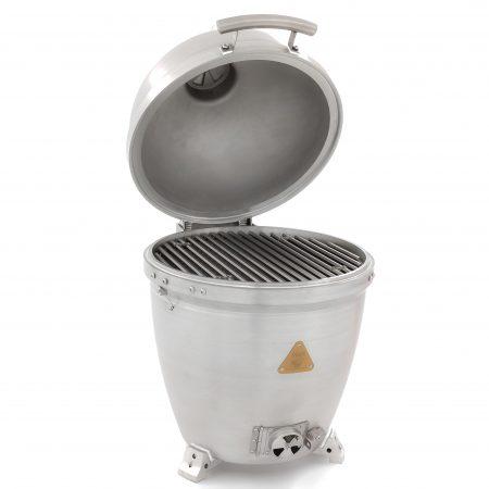 Closed-lid kamado grill with open dome and black grate in round aluminum body