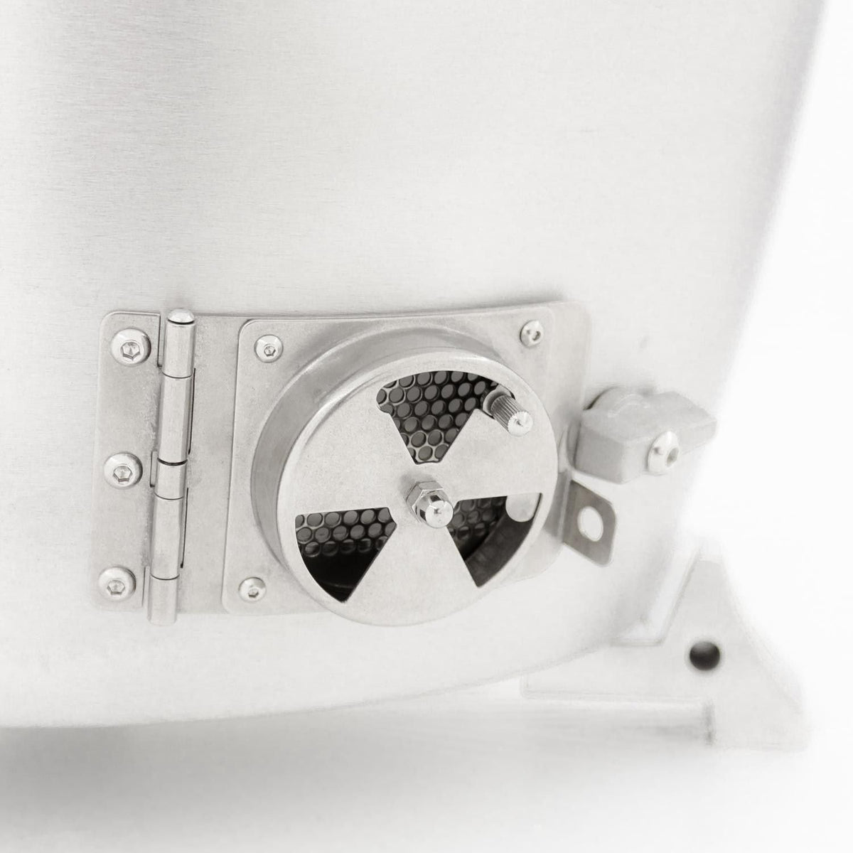 Cast aluminum kamado grill rear vent plate with knob and mesh-style openings