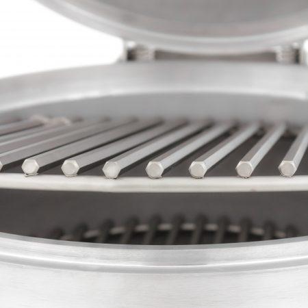 Close-up of black porcelain-coated cooking grate with parallel bars