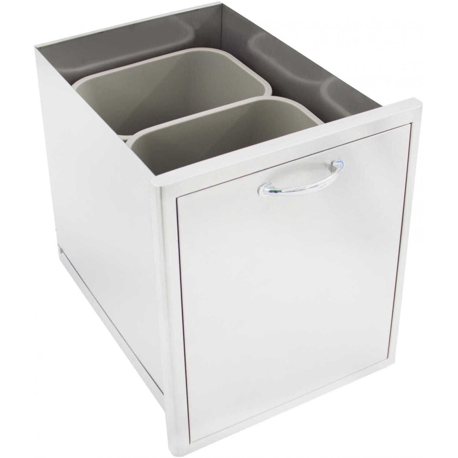 Angled view of white double trash bin cabinet with two inner liner bins