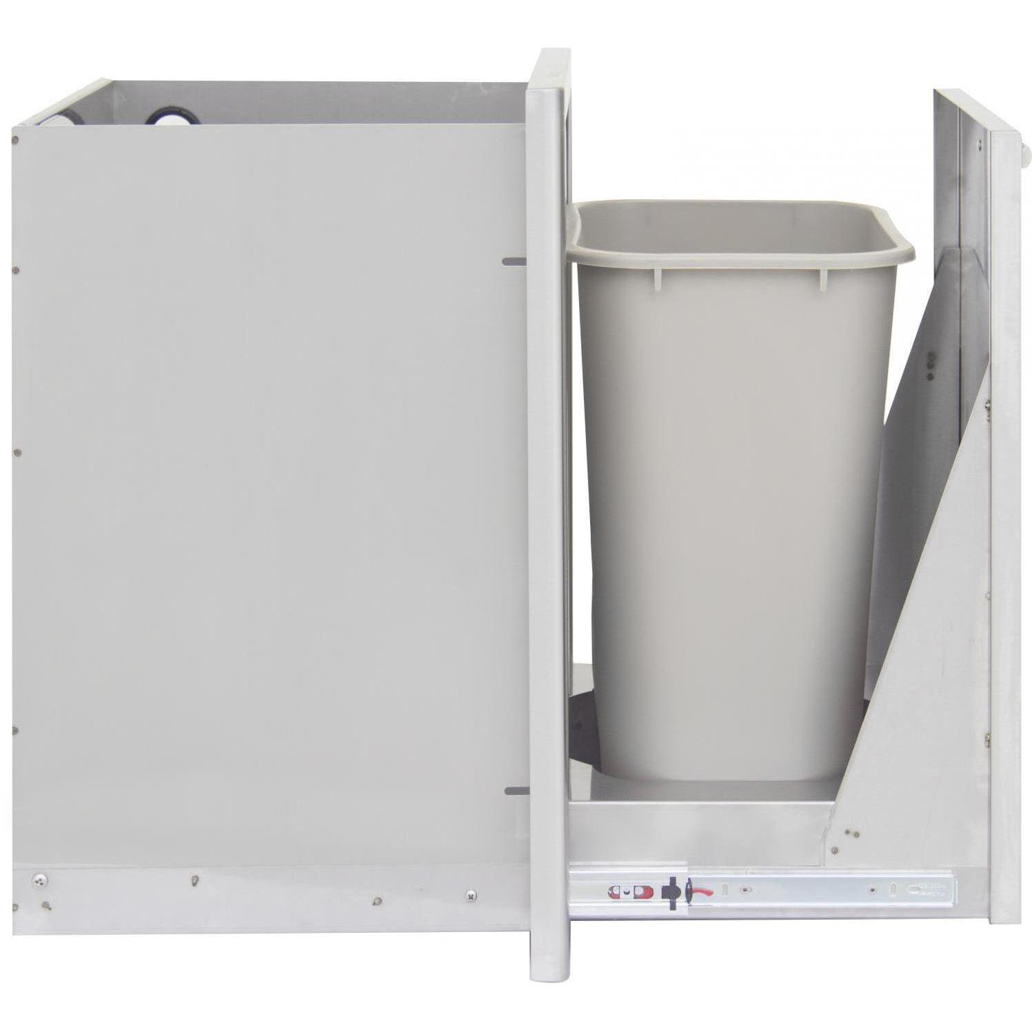 Stainless steel roll-out trash drawer open with removable bin liner holder