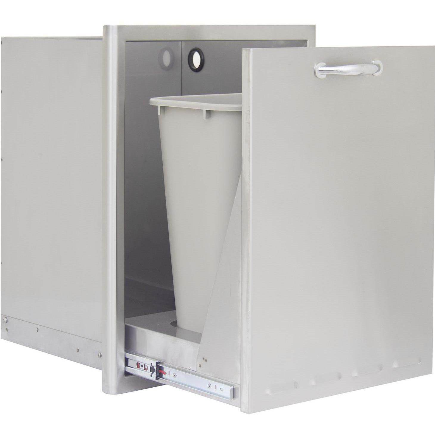 Stainless steel roll-out trash drawer open with bin liner and internal shelf