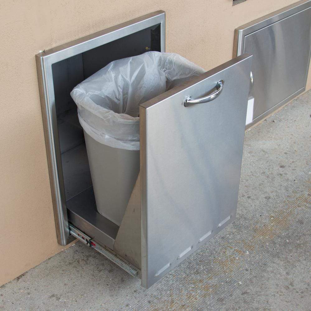 Stainless steel roll-out trash drawer open with bin liner and side door