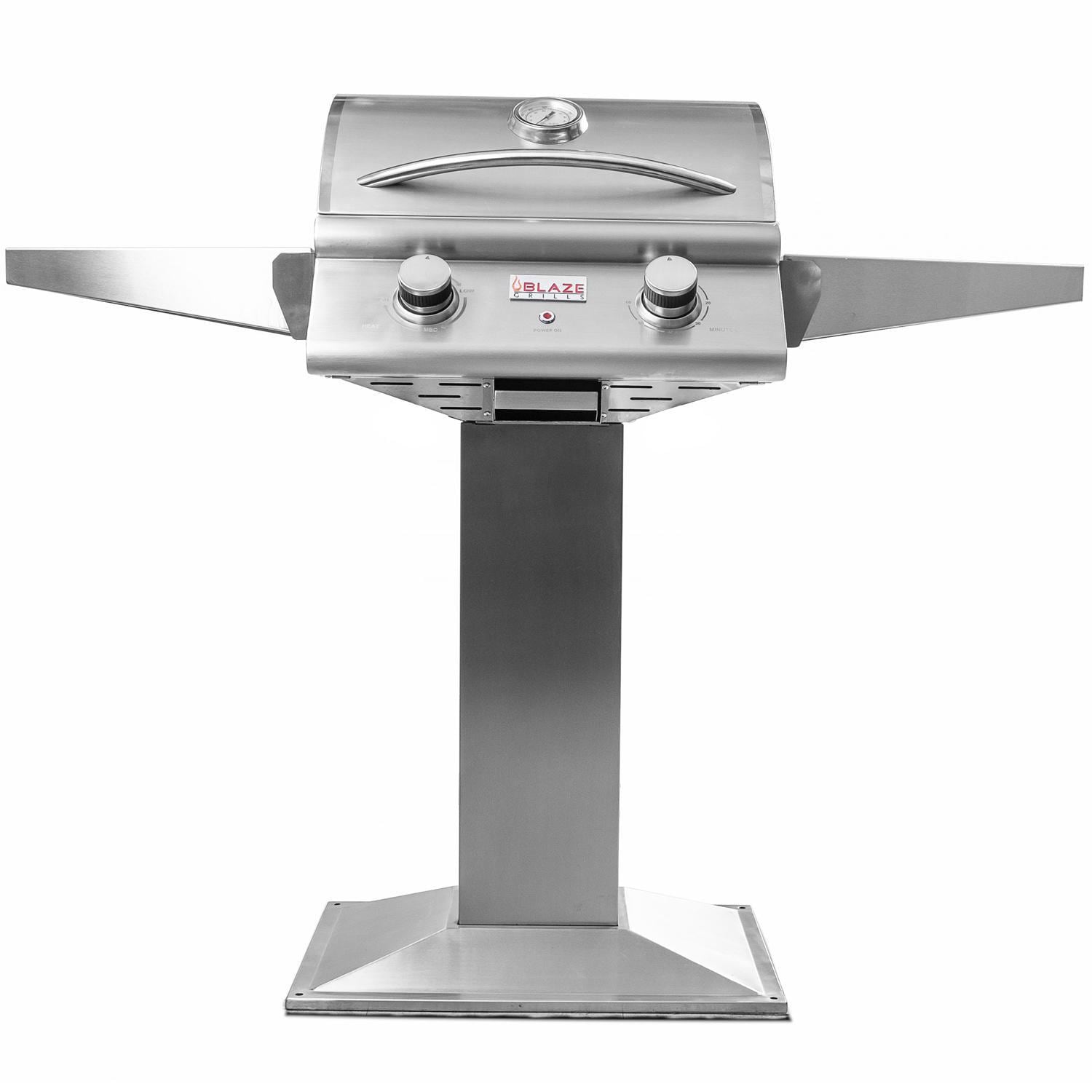 Stainless electric pedestal grill with side shelves and control panel