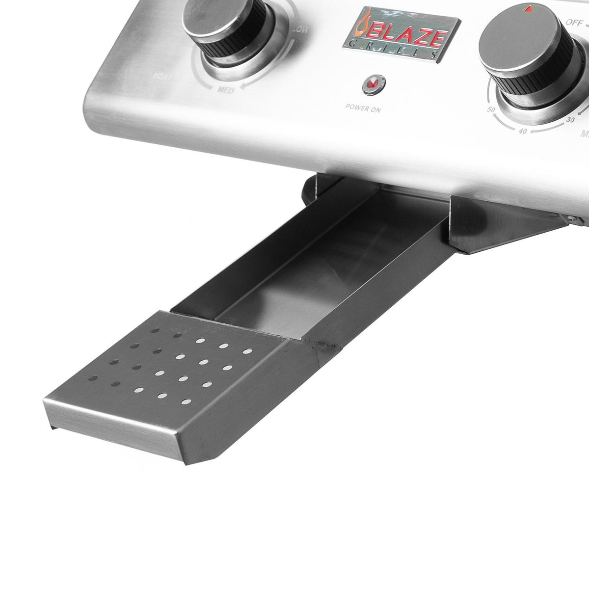 Portable electric grill with open warming tray and perforated drip plate