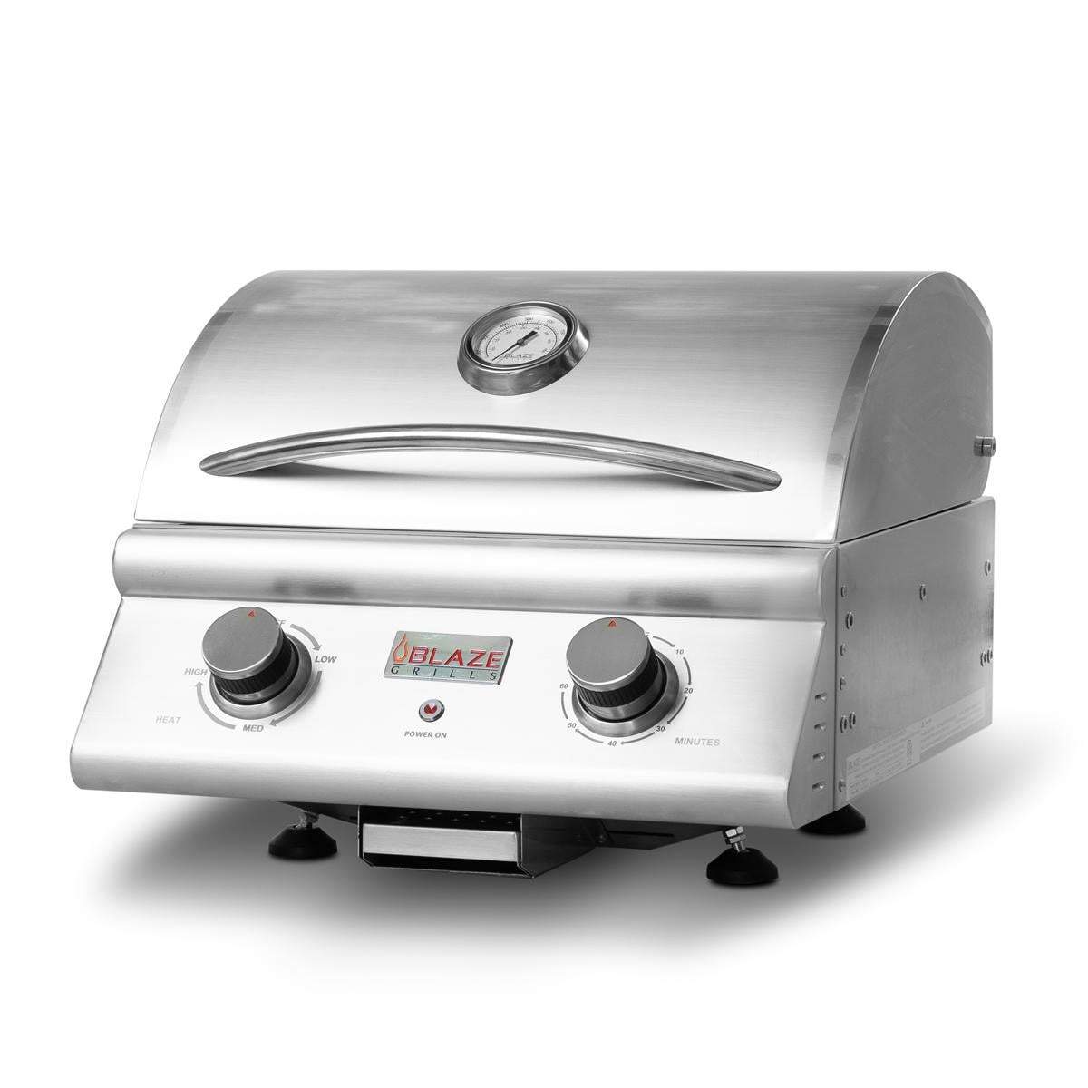 Portable stainless steel electric grill with two control knobs and built-in gauge