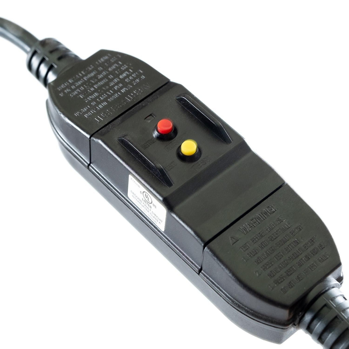 Inline power control adapter with red and yellow indicator buttons